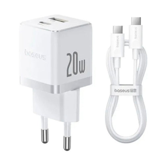 Baseus Carregador Palm Fast Charger C+U 20W Eu Moon White (With BASEUS Mini White Cable Usb-C To Usb
