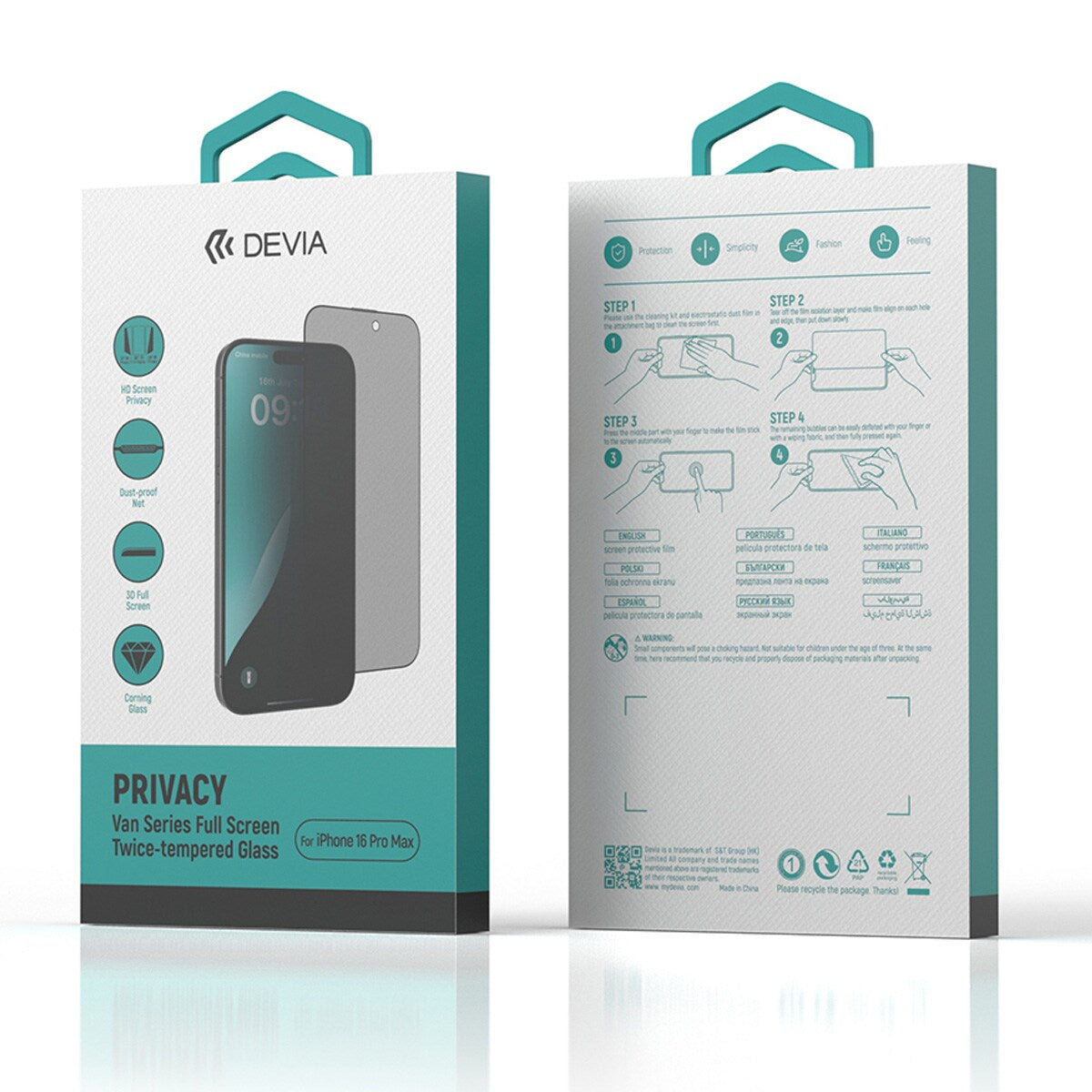 Vidro temperado Devia Full Face Privacy Van iPhone 16 Pro Max Preto (1 pc)