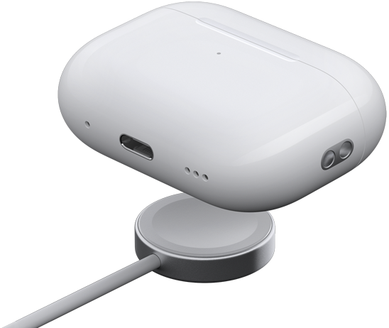 Caixa de carregamento dos AirPods Pro 2 sobre um carregador para Apple Watch