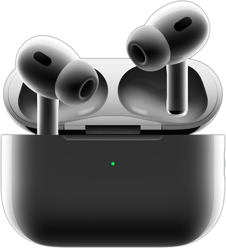 AirPods Pro 2 a sair da caixa de carregamento, que tem uma luz verde acesa na parte da frente