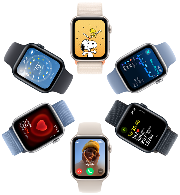Vista de cima de seis ecrãs do Apple Watch SE a mostrar um fundo de ecrã do Snoopy, informações da app Sono, métricas da app Treino, uma chamada recebida, a frequência cardíaca e a app Meteorologia.