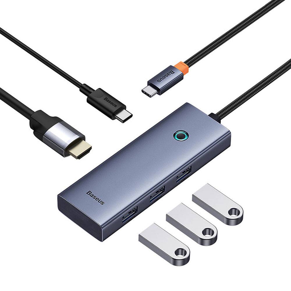 Adaptador USB-C Baseus UltraJoy Series 5-em-1 3x USB-A + PD 100W + 4K30Hz Cinza