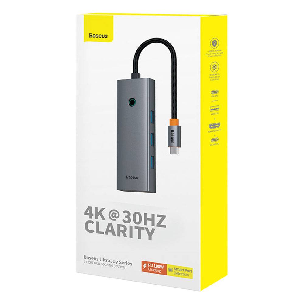 Adaptador USB-C Baseus UltraJoy Series 5-em-1 3x USB-A + PD 100W + 4K30Hz Cinza