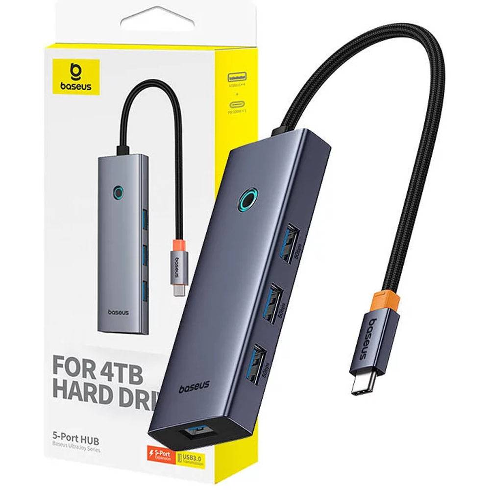 Adaptador USB-C Baseus UltraJoy Series 5-em-1 4x USB-A + PD 100W + 4K30Hz Cinza