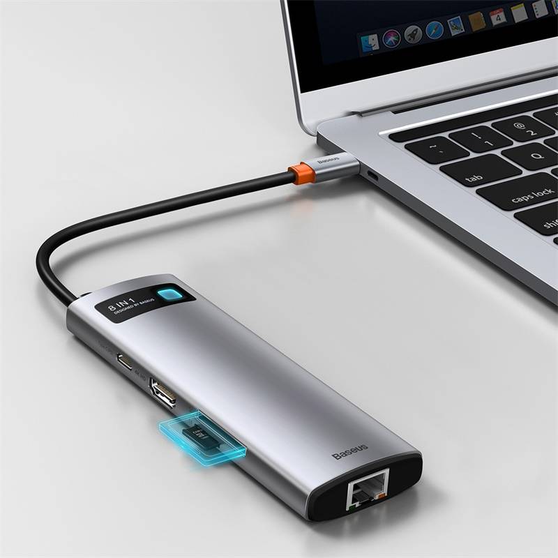 Hub USB-C Baseus Metal Gleam 8-em-1 4K 30Hz Cinza