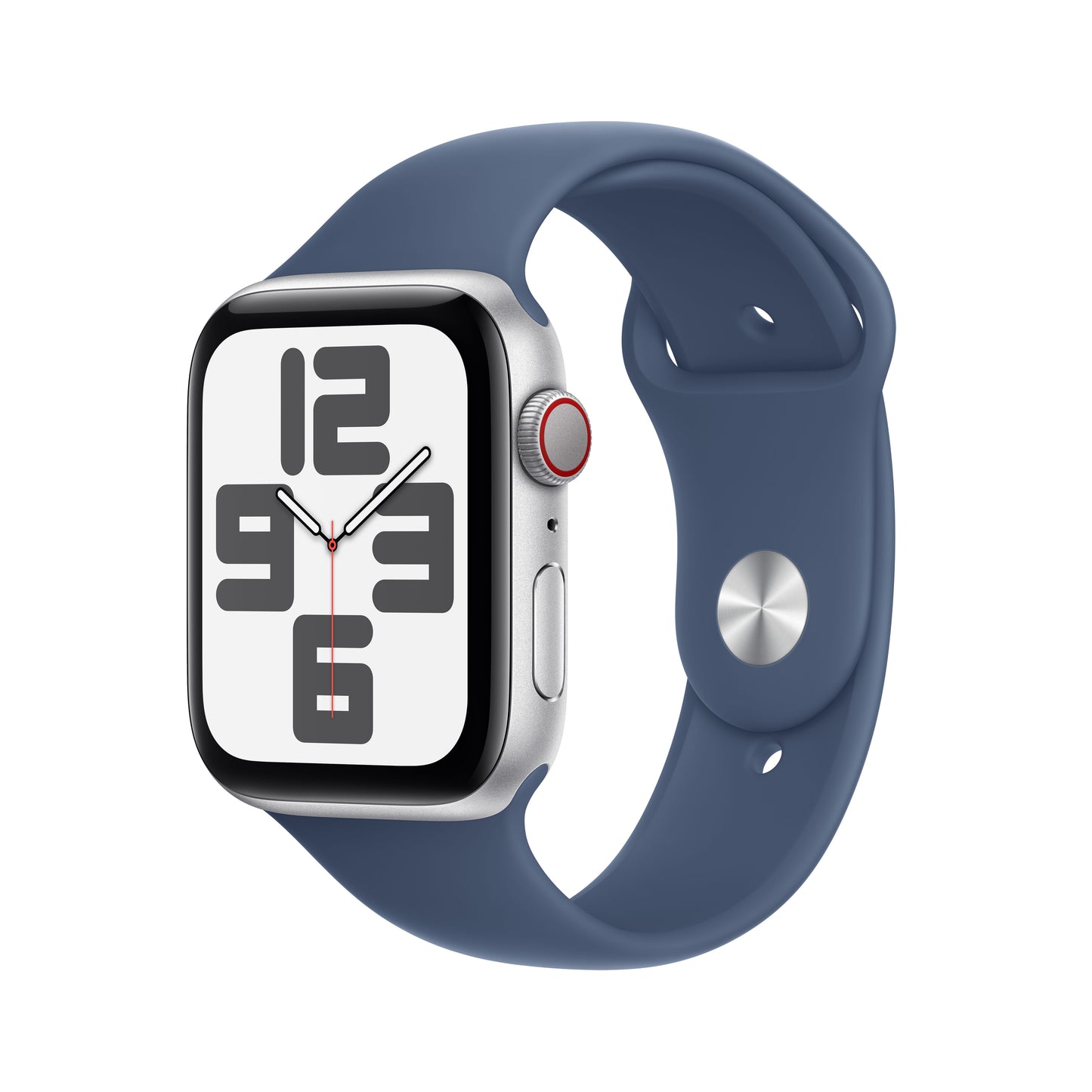 Apple Watch SE GPS + Cellular, Caixa em alumínio prateado de 44 mm com Bracelete desportiva azul Denim - M/L
