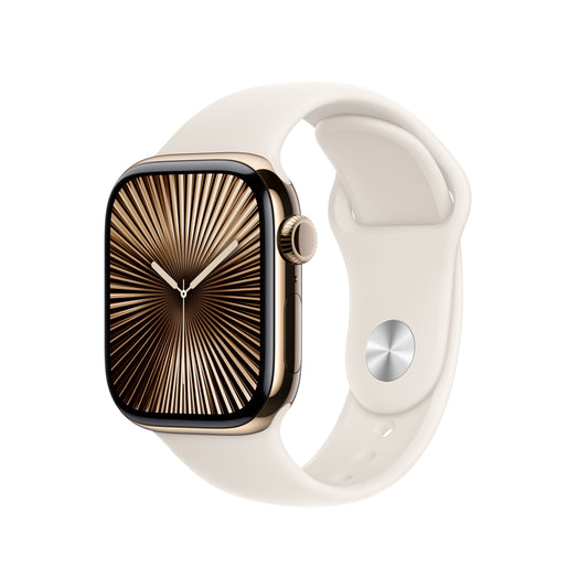 Apple Watch Series 10 GPS + Cellular, Caixa em titânio dourado de 42 mm com Bracelete desportiva luz das estrelas - S/M