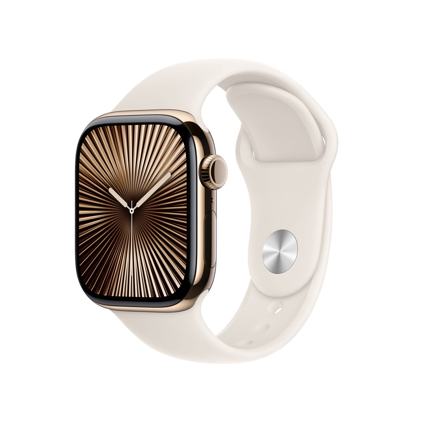 Apple Watch Series 10 GPS + Cellular, Caixa em titânio dourado de 42 mm com Bracelete desportiva luz das estrelas - M/L