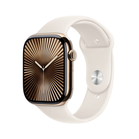 Apple Watch Series 10 GPS + Cellular, Caixa em titânio dourado de 46 mm com Bracelete desportiva luz das estrelas - M/L