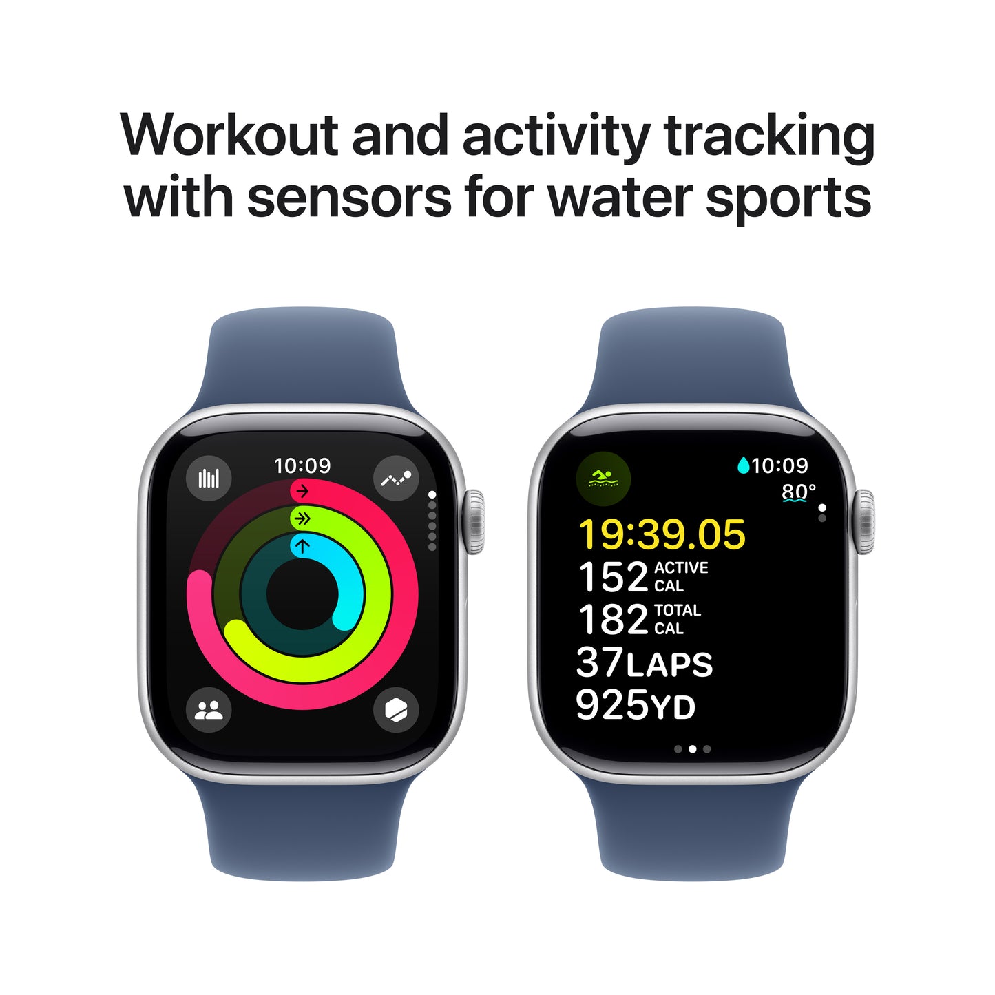 Apple Watch Series 10 GPS, Caixa em alumínio prateado de 42 mm com Bracelete desportiva azul Denim - M/L