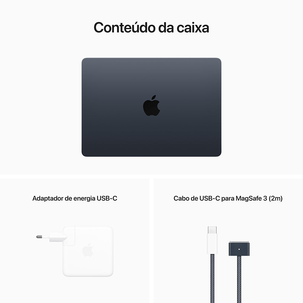 MacBook Air de 13 polegadas: Processador M2 da Apple com CPU 8-core e GPU 8-core, 256 GB SSD - Meia-noite