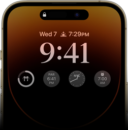 Vista frontal do iPhone 14 Pro a mostrar o ecrã Sempre ligado com a hora, data, quatro widgets e muito mais.