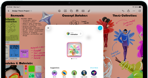 Vista frontal do iPad Air na horizontal, com botão de aumentar o volume, botão de baixar o volume e botão de alimentação, a mostrar uma interface de app colorida com vários ícones