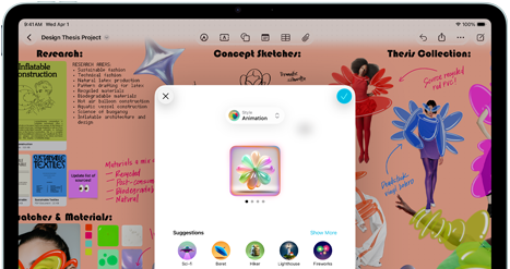 Vista frontal do iPad Air na horizontal, com botão de aumentar o volume, botão de baixar o volume e botão de alimentação, a mostrar uma interface de app colorida com vários ícones