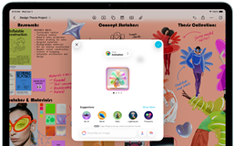 Vista frontal do iPad Air na horizontal, com botão de aumentar o volume, botão de baixar o volume e botão de alimentação, a mostrar uma interface de app colorida com vários ícones