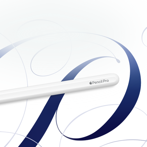 Apple Pencil Pro branco sobre um fundo branco com espirais azuis