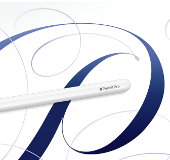 Apple Pencil Pro branco sobre um fundo branco com espirais azuis