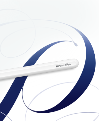 Apple Pencil Pro branco sobre um fundo branco com espirais azuis