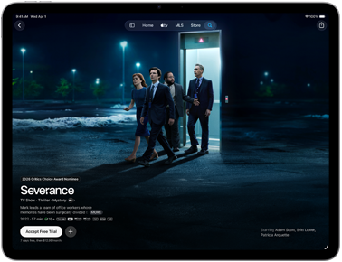 Vista frontal do ecrã do iPad Air a apresentar a série Separação na app Apple TV