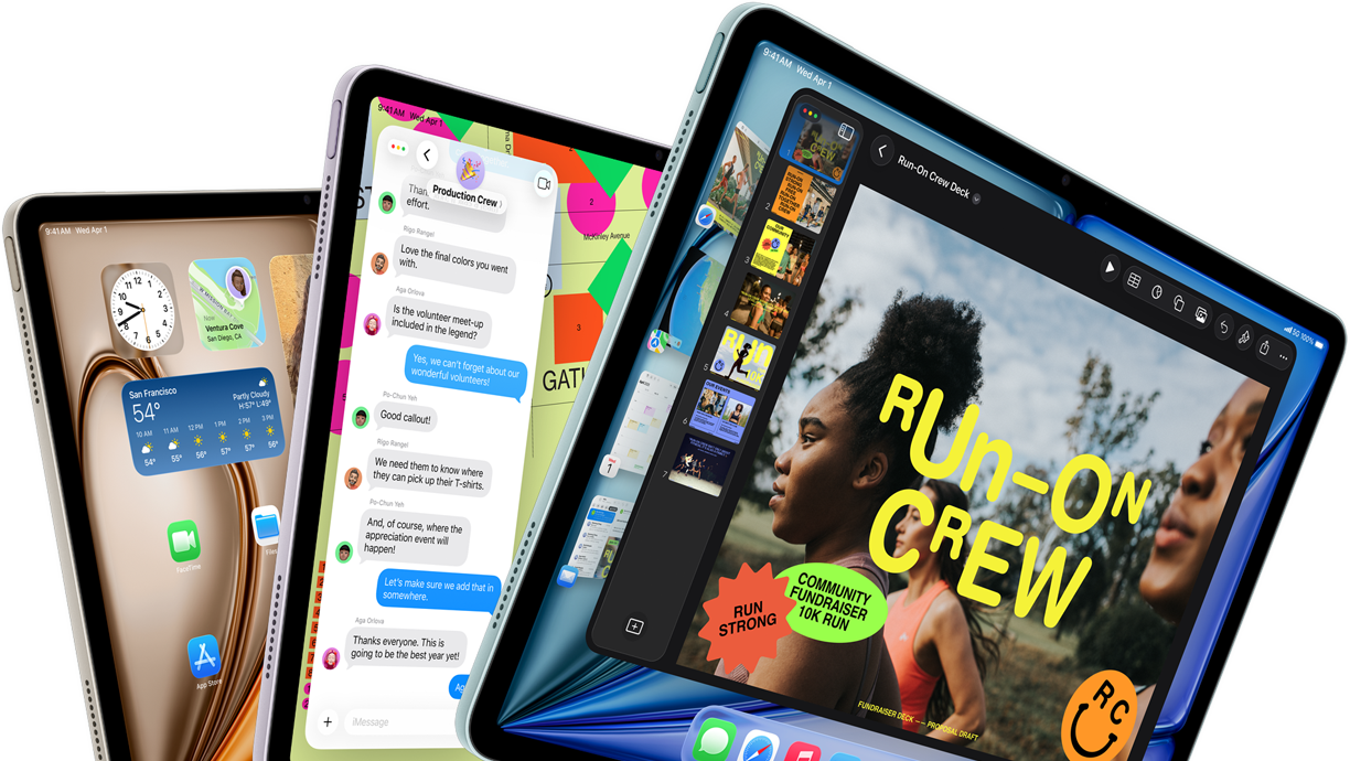 Vista frontal e lateral de três ecrãs do iPad Air nas cores azul, roxo e luz das estrelas, apresentados em forma de leque, com a app Keynote, a app Mensagens e o ecrã principal visíveis nos ecrãs