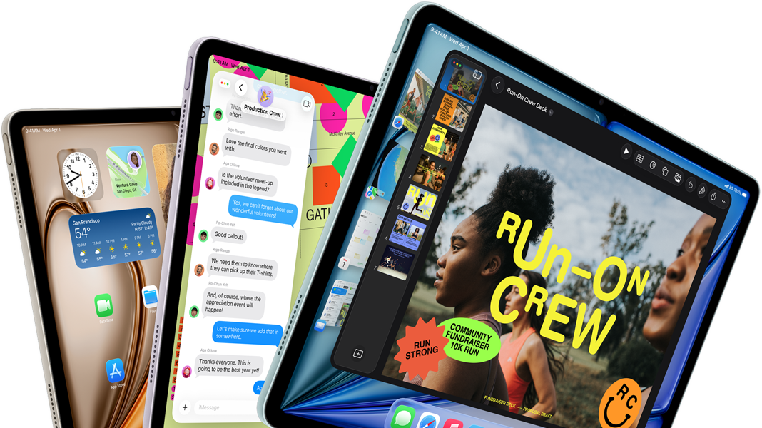 Vista frontal e lateral de três ecrãs do iPad Air nas cores azul, roxo e luz das estrelas, apresentados em forma de leque, com a app Keynote, a app Mensagens e o ecrã principal visíveis nos ecrãs