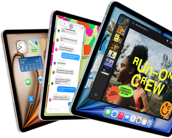 Vista frontal e lateral de três ecrãs do iPad Air nas cores azul, roxo e luz das estrelas, apresentados em forma de leque, com a app Keynote, a app Mensagens e o ecrã principal visíveis nos ecrãs
