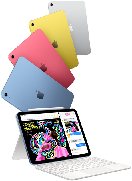 iPad nas cores azul, rosa, amarelo e prateado e um iPad com a Magic Keyboard Folio.