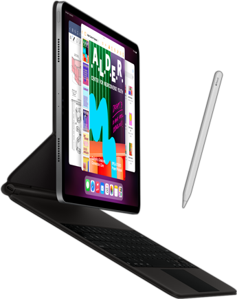 Vista lateral do iPad Pro com Smart Keyboard Folio e Apple Pencil