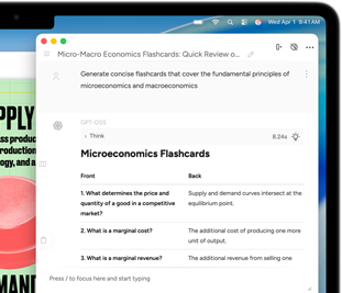 Ecrã do MacBook Air a apresentar as ferramentas de escrita da Apple Intelligence a criar cartões de estudo sobre micro e macroeconomia