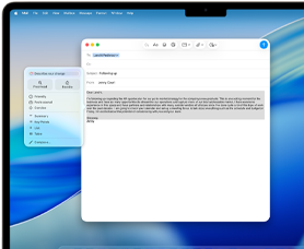 Ecrã do MacBook Air com as ferramentas de escrita da Apple Intelligence a escrever um email