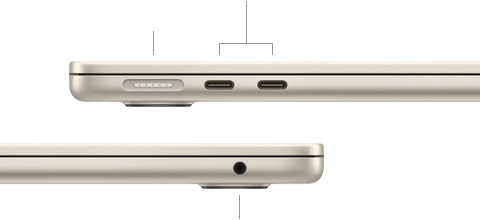 MacBook Air, fechado, lado esquerdo com a porta MagSafe e duas portas Thunderbolt, e lado direito com a saída para auscultadores