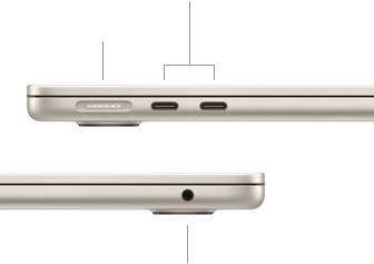 MacBook Air, fechado, lado esquerdo com a porta MagSafe e duas portas Thunderbolt, e lado direito com a saída para auscultadores