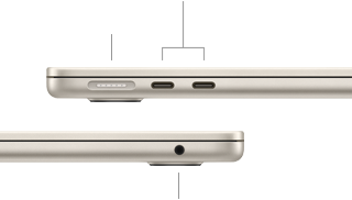 MacBook Air, fechado, lado esquerdo com a porta MagSafe e duas portas Thunderbolt, e lado direito com a saída para auscultadores