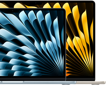 Dois modelos MacBook Air a mostrar uma comparação do tamanho dos ecrãs: 13,6 e 15,3 polegadas, medidos na diagonal
