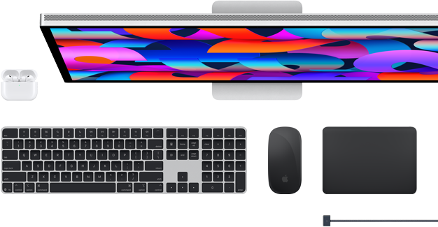 Acessórios para Mac: AirPods, Studio Display, Magic Keyboard, Magic Mouse, Magic Trackpad, Cabo de carregamento MagSafe