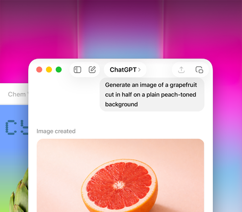 Ecrã do MacBook Neo, ChatGPT a ser usado para gerar a imagem de uma toranja, uma segunda janela mostra uma alcachofra num fundo em gradiente no Keynote