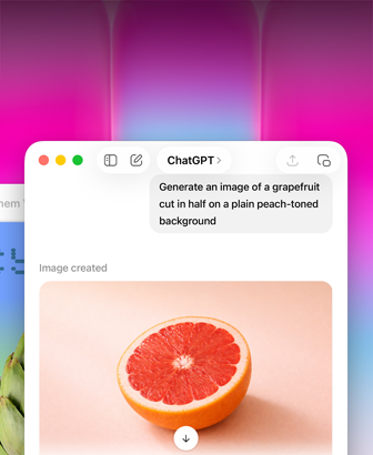 Ecrã do MacBook Neo, ChatGPT a ser usado para gerar a imagem de uma toranja, uma segunda janela mostra uma alcachofra num fundo em gradiente no Keynote