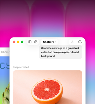 Ecrã do MacBook Neo, ChatGPT a ser usado para gerar a imagem de uma toranja, uma segunda janela mostra uma alcachofra num fundo em gradiente no Keynote
