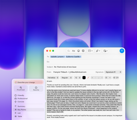 Ecrã do MacBook Neo, com as ferramentas de escrita da Apple Intelligence a serem utilizadas na app Mail para rever um longo parágrafo num email com feedback sobre uma publicação