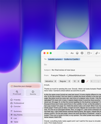 Ecrã do MacBook Neo, com as ferramentas de escrita da Apple Intelligence a serem utilizadas na app Mail para rever um longo parágrafo num email com feedback sobre uma publicação