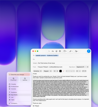 Ecrã do MacBook Neo, com as ferramentas de escrita da Apple Intelligence a serem utilizadas na app Mail para rever um longo parágrafo num email com feedback sobre uma publicação