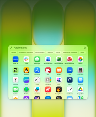 Ecrã do MacBook Neo com a janela de apps, que contém uma grande variedade de apps