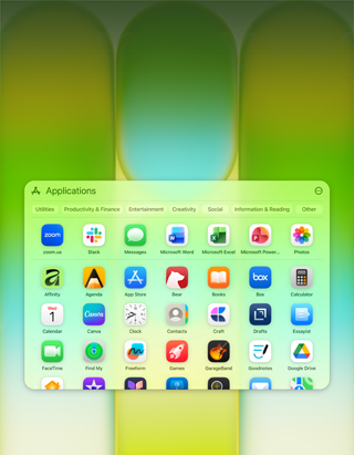 Ecrã do MacBook Neo com a janela de apps, que contém uma grande variedade de apps