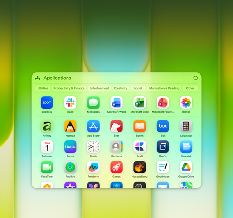 Ecrã do MacBook Neo com a janela de apps, que contém uma grande variedade de apps