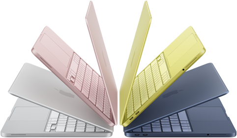 Portáteis MacBook Neo nas cores prateado, rosado, cítrico e índigo, ligeiramente abertos e dispostos em arco