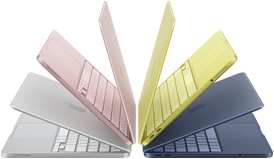 Portáteis MacBook Neo nas cores prateado, rosado, cítrico e índigo, ligeiramente abertos e dispostos em arco