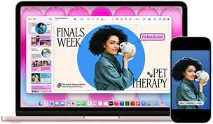 MacBook Neo na cor rosado, junto ao iPhone, o ecrã do MacBook Neo mostra uma apresentação com o título Terapia com Animais na Semana de Exames e a fotografia de uma pessoa com um coelho ao colo, e o ecrã do iPhone mostra a mesma fotografia, convertida num autocolante para usar na apresentação