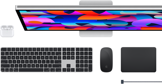 Acessórios para Mac: AirPods, Studio Display, Magic Keyboard, Magic Mouse, Magic Trackpad, Cabo de carregamento MagSafe
