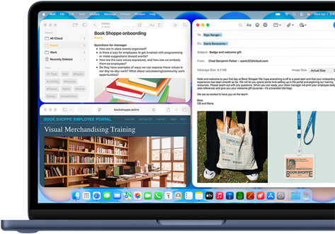 MacBook Neo na cor índigo, o ecrã mostra um email de boas-vindas para uma pessoa que começa a trabalhar numa livraria, outras janelas em mosaico contêm um documento de integração na app Notas e o site para funcionários da livraria no Safari