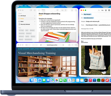 MacBook Neo na cor índigo, o ecrã mostra um email de boas-vindas para uma pessoa que começa a trabalhar numa livraria, outras janelas em mosaico contêm um documento de integração na app Notas e o site para funcionários da livraria no Safari